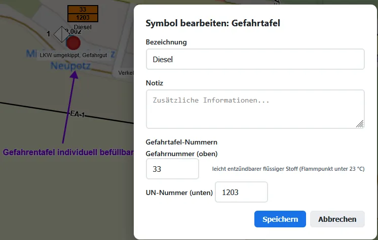 Gefahrtafel an einer Einsatzstelle mit Gefahrnummer 33 und UN-Nummer 1203, dazu die Erklärung im Klartext.