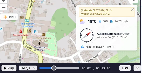 Zeitstrahl mit Wiedergabe der Lage zu einem früheren Zeitpunkt, mit Wetter und Pegelstand.